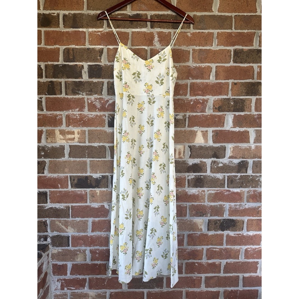 Zara Women's Small‎ Midi Dress Printed Floral Sleeveless Ecru Linen Blend EUC